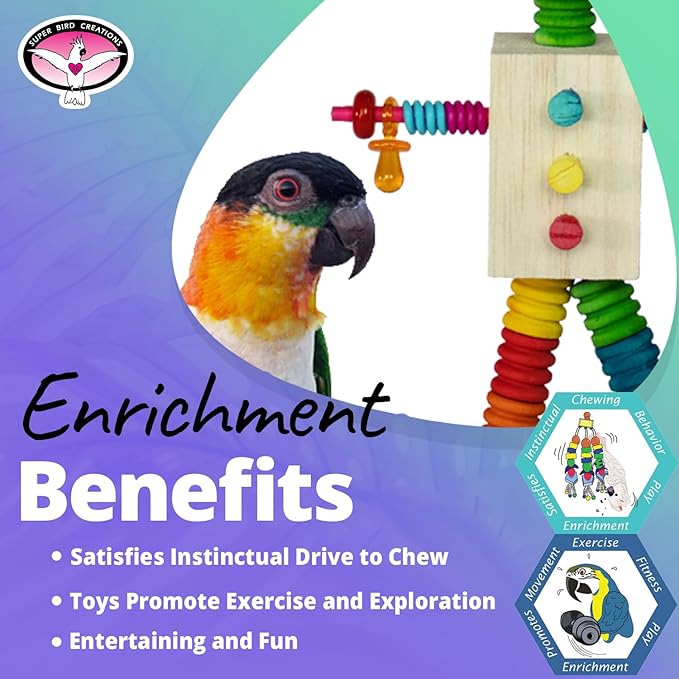 Super Bird Creations SB1183 Balsa Bot Bird Toy - for Medium Size Bird, Made of Balsa Wood with Colorful Accessories - Parrots, Ringnecks, Medium Conures - Perfect Chew Toy for Parrots - 12 x 6.5