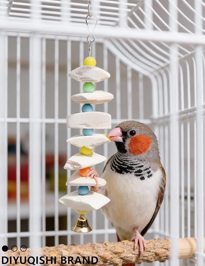 11 Pcs Bird Toys for Parakeets - Natural Cuttlefish Bone Calcium Chew Toys with Bells for Budgies, Lovebirds & Small Birds