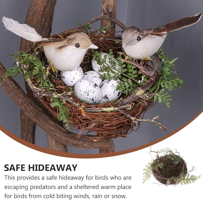 Artificial Bird Nest with Eggs Birds Faux Natural Rattan Twig Bird Nest House Ornament Photo Props for Decoration