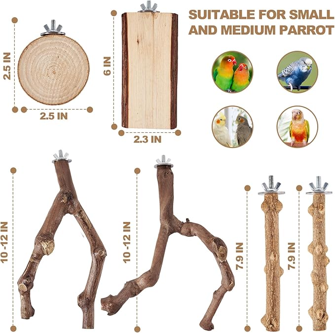 LIMIO 6-Piece Bird Perch Set - Natural Wood Grape Sticks, Paw Grinding Forks, Bird Stand & Toys for Parakeets, Cockatiels, Conure, Budgies