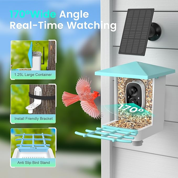 Smart Bird Feeder with Camera, AI Identify 16,000+ Birds, 5W Solar, 170° View, Motion Detection – Ideal Gift for Bird Lovers