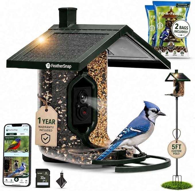 FeatherSnap Smart Bird Feeder with Camera – Solar Powered, AI Bird ID, 1080p HD Night Vision – Pole, 2 Seed Bags, 32GB SD Card & Cleaning Cloth