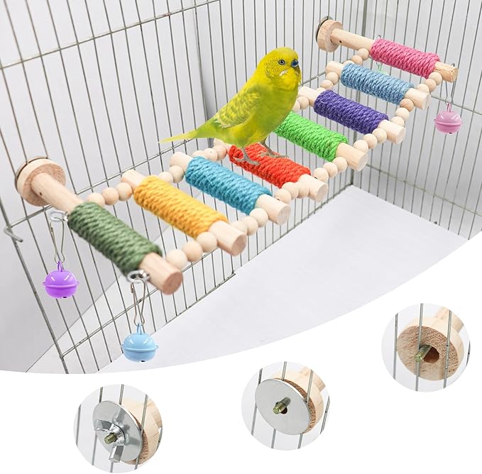 Bird Cage Accessories, Wooden Bridge with Colorful Rope on Steps, Bird Climbing Ladder Perch for Budgies, Cockatiels, Lovebirds, Quakers, Green Cheeks, Other Small to Medium Birds