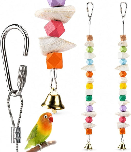 2 Pack Bird Toys with Cuttlebone, Parakeet Toys for Cage, Beak Grinding Stone and Cuttlefish Bone Chew Toys for Budgies, Cockatiels, Lovebirds, Green Cheeks, Conures, Small to Medium Birds
