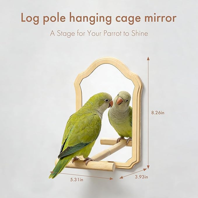 Parrot Mirror Toy with Natural Wood Perch | Fun Self-Entertainment for Birds | Prevent Boredom, Feather Plucking & Loud Calls | Acrylic Mirror and Wood Perch for Parakeets, Cockatiels, Lovebirds
