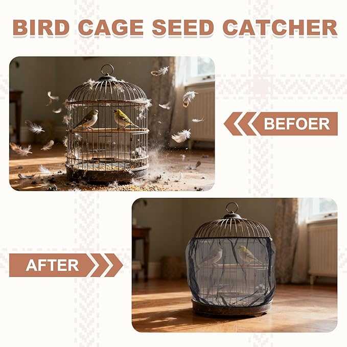 Bird Cage Seed Catcher, Bird Cage Net Cover Seeds Guard, Universal Birdcage Accessories, Black, Circumference 90.6"-118.1", Height 19.7" for Parrot Cockatiel Enclosures