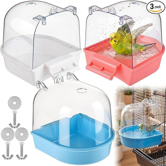 Honeydak 3 Pieces Clear Bird Bath for Cage Parakeet Bird Cage Accessories Hanging Bath Box Parrot Bathing Tub with View for Cockatiel Conure Canary Budgies Parrots (Stylish Color)