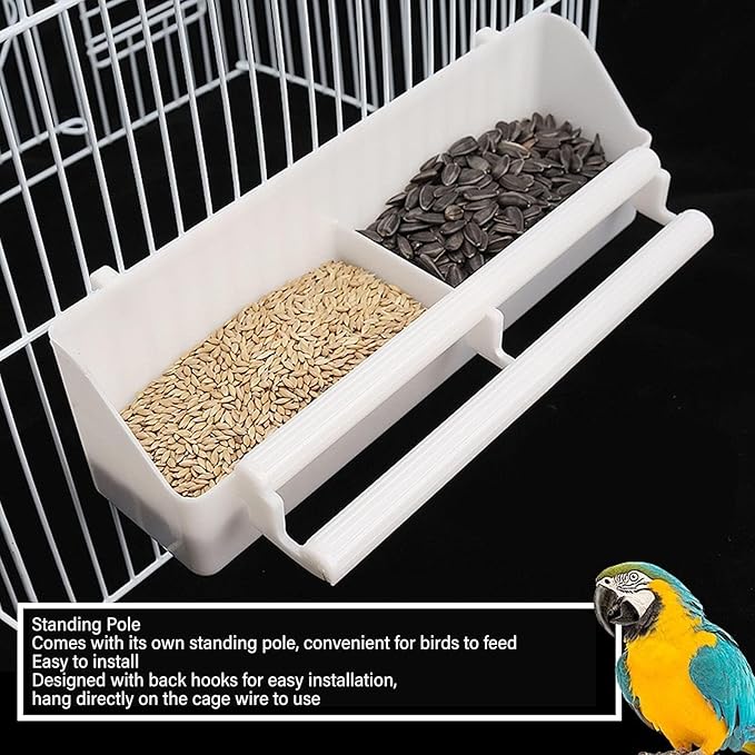 Bird Feeder, No Mess Cage Hanging Feeder Cup Pet Bird Food Double Plastic Seed Water Dispenser Standing Frame for Parrots Cockatiel Pigeon Sparrow Cage Bowl
