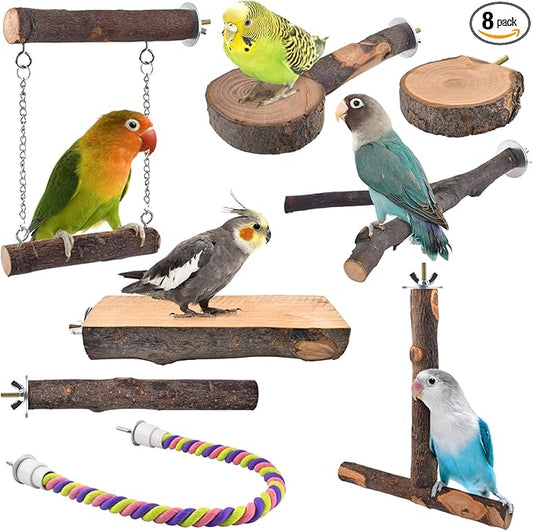 DBNESS Bird Perches, 8pcs Natural Wood Parrot Perch Stand Chewing Toys Cage Accessories Hanging Multi-Branch Perch Platform Swing Toy Rope Perches for Small and Medium Parakeet, Conures, Budgies