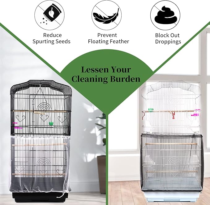 Daoeny 2Pcs Bird Cage Cover, Adjustable Soft Airy Nylon Mesh Parrot Net, Universal Feather Seed Catcher, Birdcage Cover Skirt Sheer Guard for Round Square Bird Cages (White +Black)