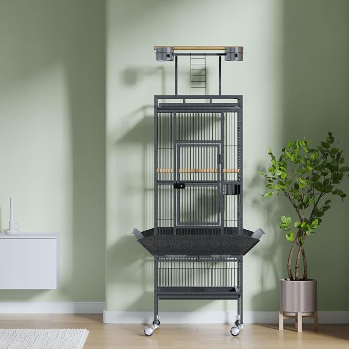61" Large Bird Cage, Metal Parrot Cage with Play Top, Rolling Stand & Bowls - Bird Aviary for Parrots, Conures, Cockatiels, Parakeets, Indoor Outdoor Aviary for Outside Yard Garden Porch, Black/Silver