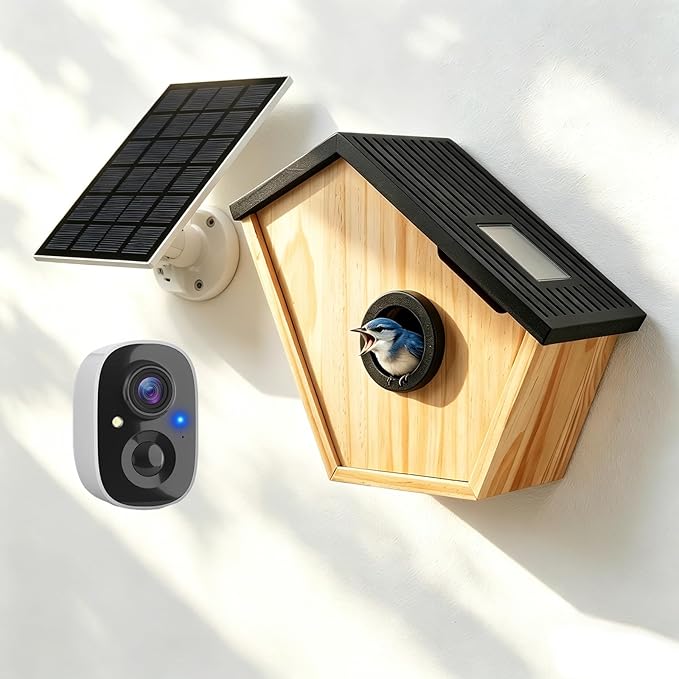 Smart Bird House with Camera,2K HD Bluebird House with Camera Solar Powered,Bird Watch Nesting and Hatching,Night Vision,2.4G WiFi & App Notification,Wooden Weatherproof Birdhouse with Camera Inside