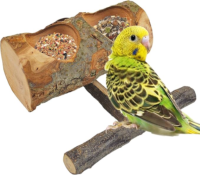 Wooden Bird Feeding Dish Cups Perch Stand Hanging Feeder Solid Wood Parrot Feeding Bowl for Parakeets Conures Cockatiels Budgie Parrot