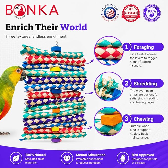 Bonka Bird Toys 1798 Big Foamy Delight Shreddable Bamboo Finger Trap and Foam Bead Bird Toy 9.5" x 6" for Small to Medium Birds Enrichment Play Amazon Conure and Similar