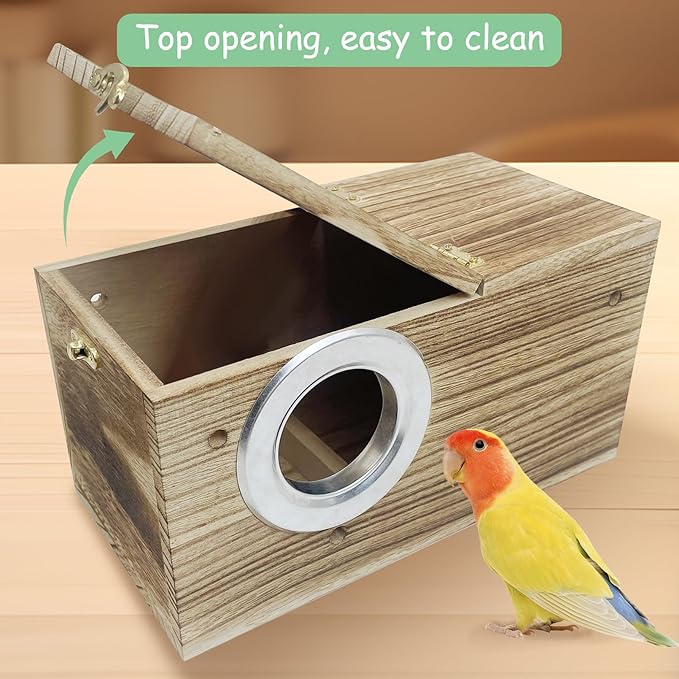 PINVNBY Parakeet Nesting Box, Carbonized Wood Bird Box, Wood Breeding Box for Birds, Budgie Lovebirds Conure Finch Parrot Canary (L: 11.8 x 5.9 x 5.9 inch)