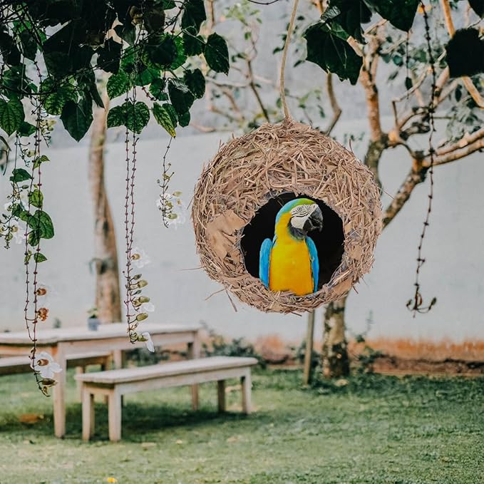 BESPORTBLE Hanging Straw Bird Nest, Outdoor Decorative Birdhouse for Garden, Micro Landscape Adornment, Safe Shelter for Birds, Coffee, 3.93 X 3.93 X 3.54 Inches