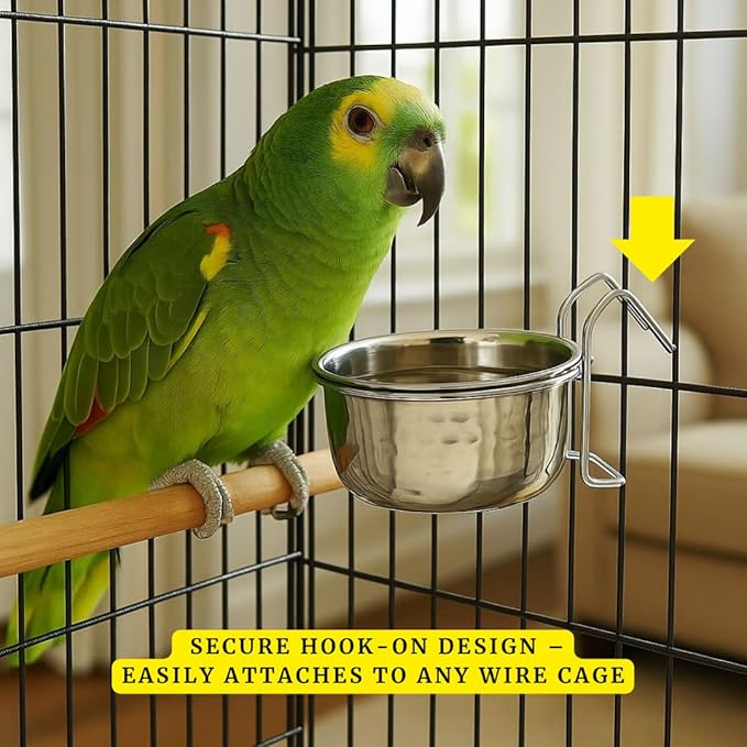 Stainless Steel Coop Cup with Hanger, None Spill Crate Water Bowl, Food Dish for Cage, Rabbit, Cats, Birds, Chicken, Reptiles. (10)