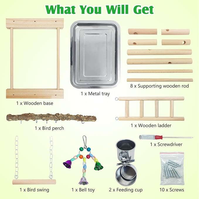 kathson Parrots Playground Bird Perch Wood Playstand Stand with Ladder Swing Feeder Cups Chew Toy for Parakeet Conure Cockatiel Budgie Lovebird Finch Small Birds
