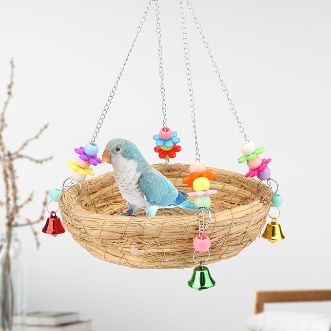 Hypeety Natural Handwoven Straw Nest Bed Large Bird Swing Toy with Bells for Parrot Cockatiel Parakeet African Grey Cockatoo Macaw Budgie Canary Lovebird Cage Perch (A)