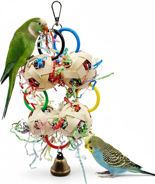 Bird Toy, Bamboo Ball Shredded Paper Parrot Foraging Tearing and Climbing Hanging Toy, Suitable for Parakeet Conure Cockatiel and Lovebird