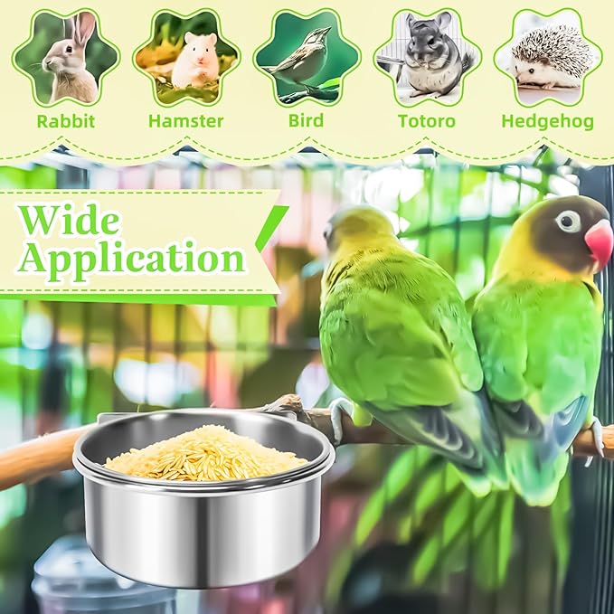 2 Pack Bird Feeding Bowls Cups Parrot Food Water Dishes, Stainless Steel Bird Bowl Cup Dish with Clamp, Birdcage Feeder Pet Cage Bowls for Parrot Cockatiel Budgie Conure Parakeet Small Animal