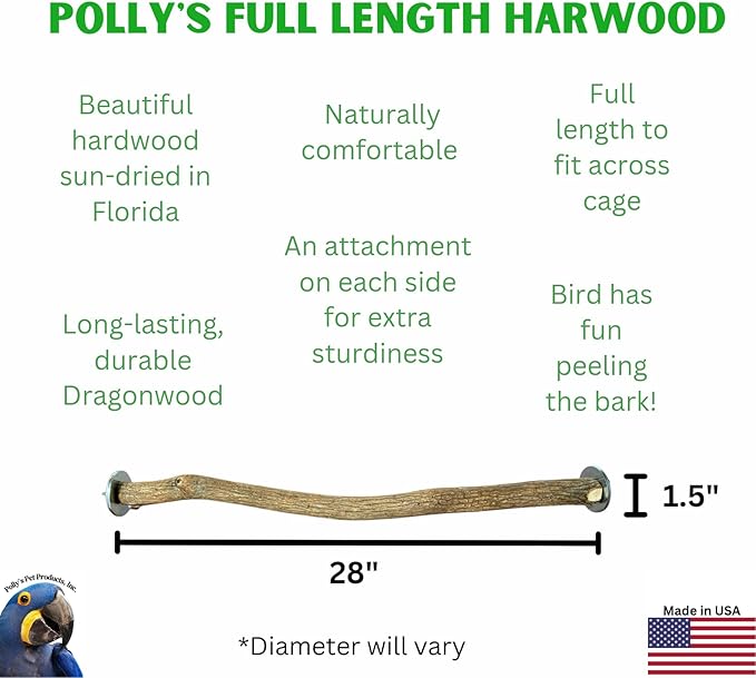 Polly's Full Length Hardwood Cage Perch for Parakeets, Cockatiels, Cockatoos, Macaws, and Other Birds (28")
