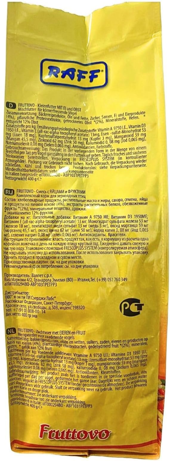 RAFF Fruttovo 400g Bird Food Fruit Blend – Daily Supplement for Canaries, Finches and Budgerigars, Food for Small Birds, Offering Essential Nutrients to Enhance Their Seed-Based Diet
