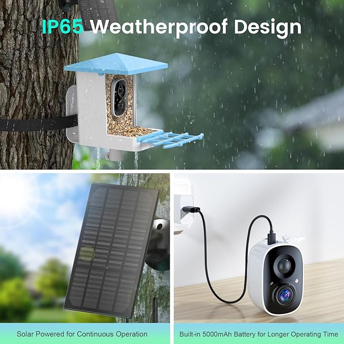 Smart Bird Feeder with Camera, AI Auto-Capture & Motion Detection, 5W Solar Panel, 170° View, Identify 16,000+ Birds, 2K HD Video, Ideal Gift for Outdoor Bird Watching(Blue)