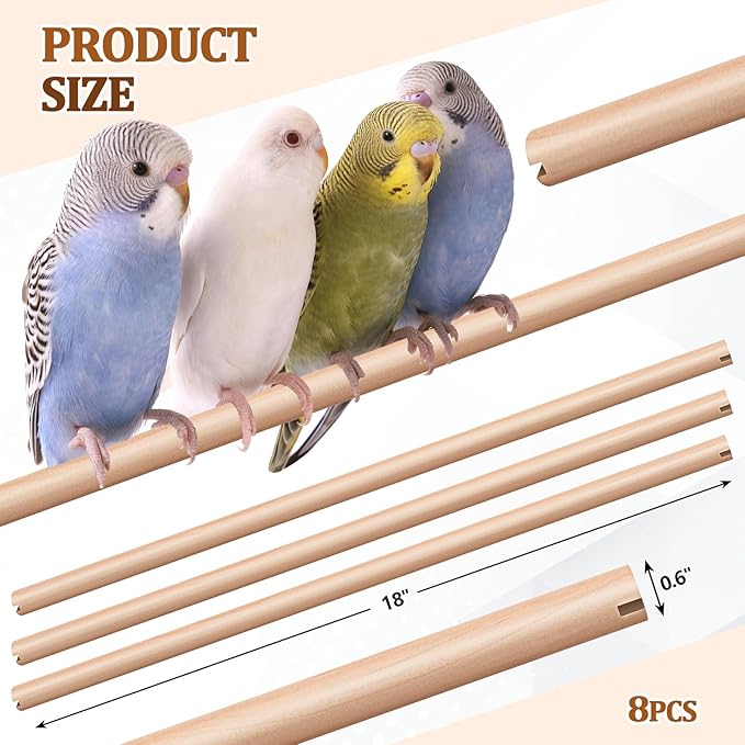 Sintuff 8 Pcs Bird Perches for Cage Accessories, Wooden Perch Rods Replacement with Double Head Slots, 0.6 Inch Diameter Natural Wood Stand for Parrot Macaw Cockatoo Parakeet (18 Inches)