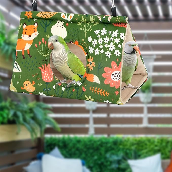 Rypet Winter Warm Bird Nest House - Hanging Hammock Velvet Shed Hut Cage Plush Fluffy Birds Hideaway Sleeping Bed Fuzzy for African Grey Cockatoo and Other Amazon Parrot Large（Green）