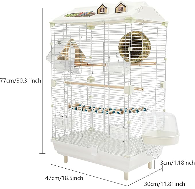 2-Door Wrought Iron Bird Cage Parakeet Cage with Roof, 30" H Parrot Cage Pet Birds Flight Cage w/Ladder & Nest, Interactive Birdcages Bird House Travel Cages for 4-6 Small Birds (Iron Mesh)