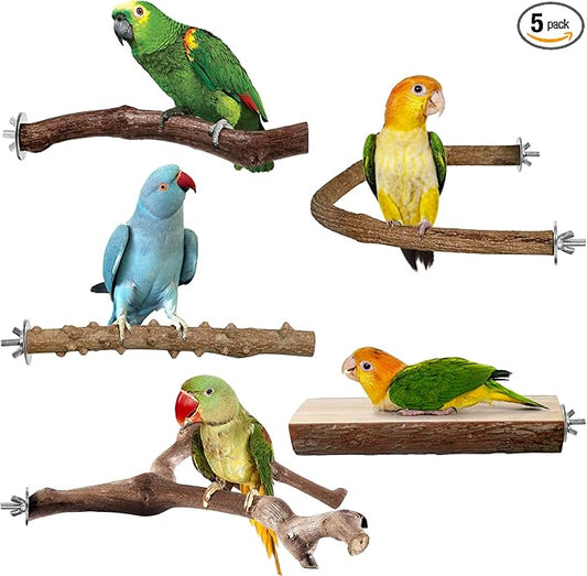 Bird Perches, 5pcs Natural Wood Birds Stand Branch, Bird Perch Chewing Stick Cage Accessories Parrot Climbing Standing Branches Paw Grinding Fork Sets for Cockatiels Ringneck Parrots