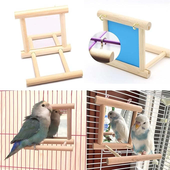 2Pcs Bird Mirror Parakeet Mirror Perch Stand Wooden Swing Mirror Toy Cage Accessories for Parrots Budgies Parakeets Cockatiels Lovebirds Finches