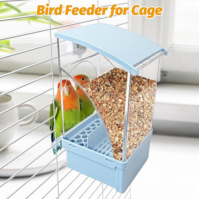 BNOSDM No Mess Bird Feeder Transparent Automatic Bird Cage Feeder with Perch Acrylic Parrot Food Container Parakeet Cage Accessories for Parakeets, Budgies, Cockatiel, Finch, Canary, Lovebird (Blue)