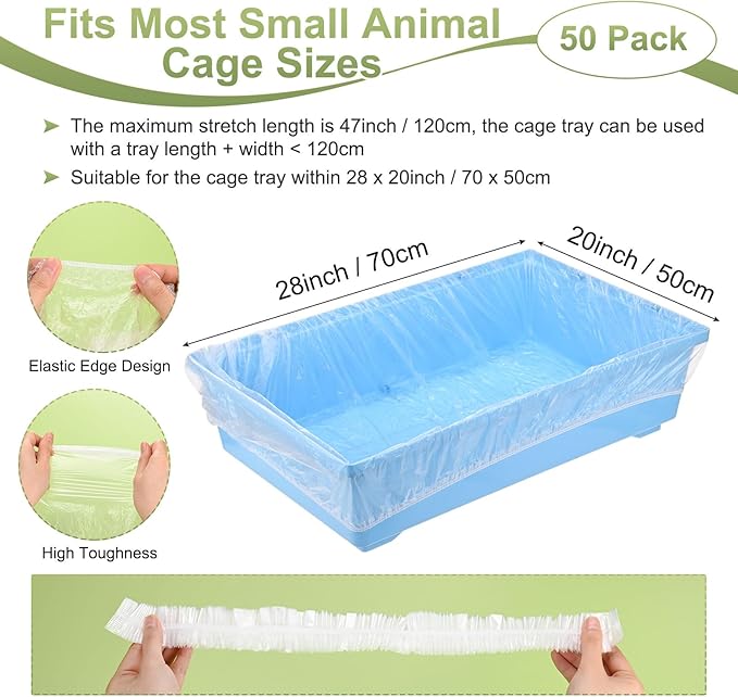 M METERXITY 50-Pcs Disposable Cage Liners, Clear Plastic Universal Toilet Film for Bunny Guinea Pig Bird Hamster Small Animals, Quick Cleanup Cage Liner Bag Tray Accessories(28" x 20")
