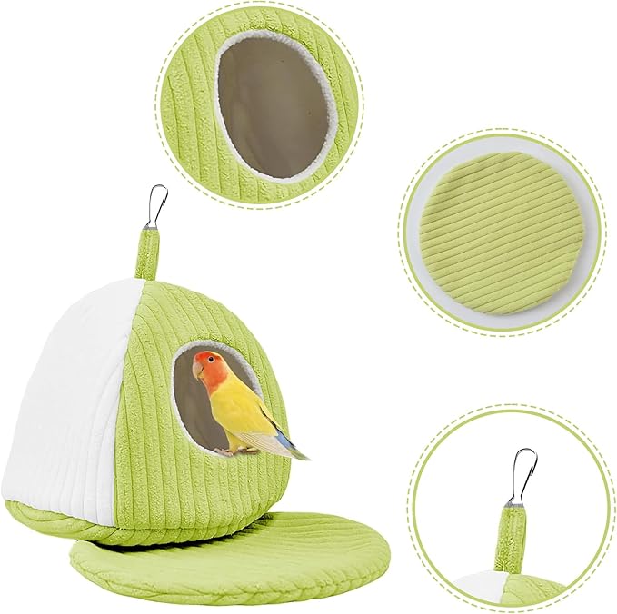 Bird Hanging Hammock Nest Parrot with Soft Plush Hanging Hammock & Hut Tent for Cage Winter Bird Hideaway Hut for Cockatiels Budgies Parakeets Lovebirds Conures Hamsters (Green and White M)