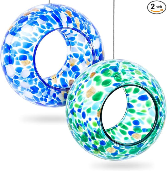 Patelai 2 Pcs Bird Feeder Mosaic Glass Hanging Bird Feeder Round Birdfeeder Fly Through Balcony Birdfeeder for Backyard Window Outdoor Garden Deck Porch Decorations, 6 Inch (Cute)