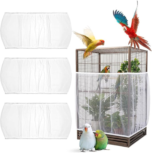 Grevosea 3 Pcs Bird Cage Seed Catcher, Large Bird Cage Cover Stretchy Adjustable Nylon Mesh Birds Cages Net Skirt for Parrot Parakeet Macaw African Round Square Cages Accessories (White)
