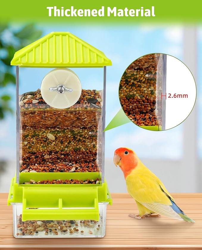 Hamiledyi 2 Pcs Automatic Bird Feeder No Mess Bird Cage Feeder Seed Food Container with Perch Transparent Parrot Cage Accessories for Parakeets, Budgies, Cockatoos, Finches, Lovebirds (Green)