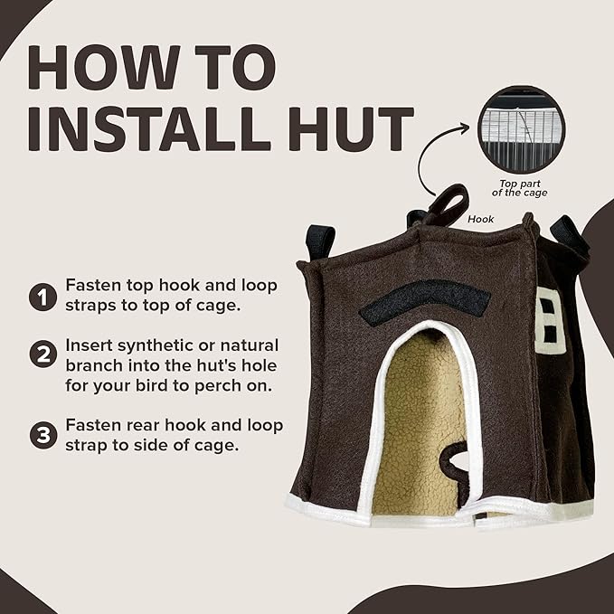 Crazy K Farm - Avian Haven Bird Hut, Comfy Bird Snuggle Hut, Plush Pet Bird Hut for Sleeping and Snuggling, Hanging Bird Cage Hut with Sherpa, Cozy Bird Cage Accessories, Extra Large, Brown