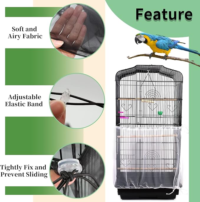 Daoeny 2Pcs Bird Cage Cover, Adjustable Soft Airy Nylon Mesh Parrot Net, Universal Feather Seed Catcher, Birdcage Cover Skirt Sheer Guard for Round Square Bird Cages (White +Black)
