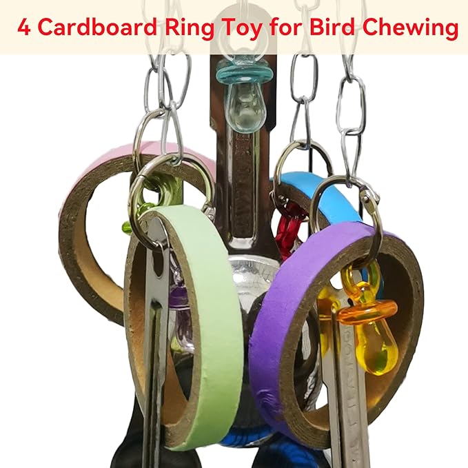 JSLZF Bird Chew Toy for Parrot Durable Scoop and Cardboard Bagel Cockatiel Stainless Steel Spoon Ring Toy Conure Cage Hanging Toy for Lovebirds, Parakeet