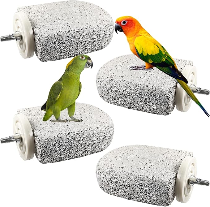 4 Pack Bird Beak Grinding Calcium Stone, Parrot Cage Perch Stand Platform Foot Claws Trimmer, Parrot Teething Stone Toy, Bird Cage Accessories for Parakeet, Hamster, Chinchilla, Small