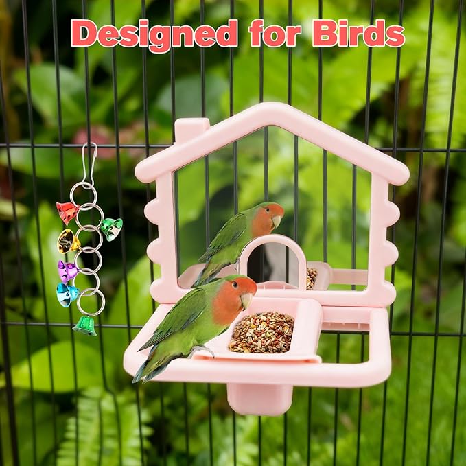 3 in 1 Bird Mirror with Perch Stand,Parrot Mirror for Cage,Bird Swing Toys for Cockatiels,Lovebirds,Conures,Parakeets-Helps Birds Release Stress (Pink)