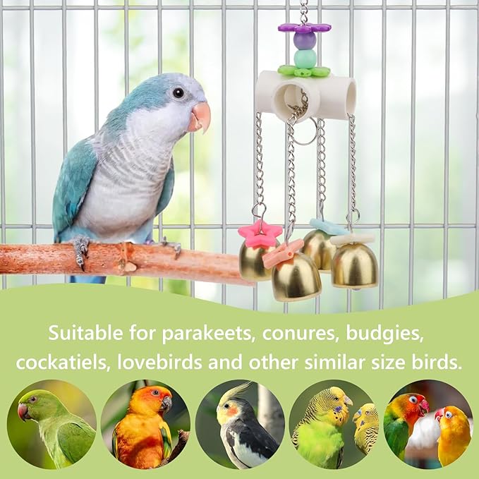 Hypeety Bird Bells Toy Hanging Cage Bell with Sweet Sound Colorful Wood Beads Bells for Lovebirds African Greys Cockatoo Macaw Parakeet Cage Hanging Perch Toy (Bell Toy-4 Bells)