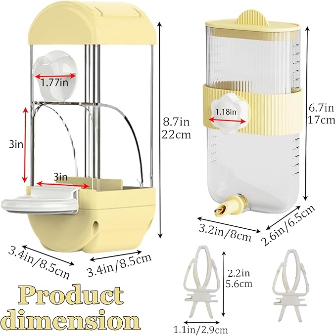 Automatic Bird Feeder Waterer Kit Bird Cage Hanging Waterer Parakeet Leak-Proof Feeder Parrot Vegetable Clips Cage Accessories for Budgies Lovebirds Finches Canaries Parrotlets Conures (Yellow)