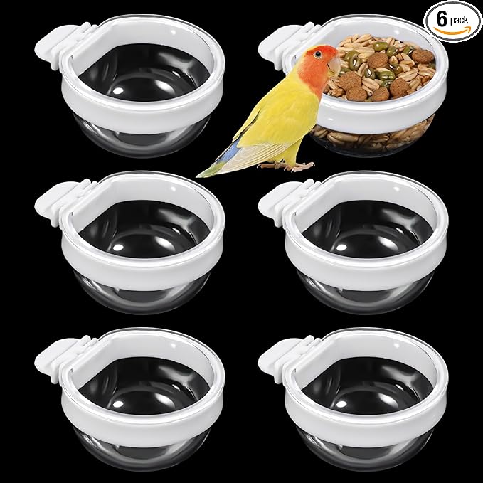 6 Pack Detachable Transparent Bowls Convenient Hanging Seed Water Feeder Bird Food Bowl Plastic Cage Feeder Cups for Parakeet Small Size Birds