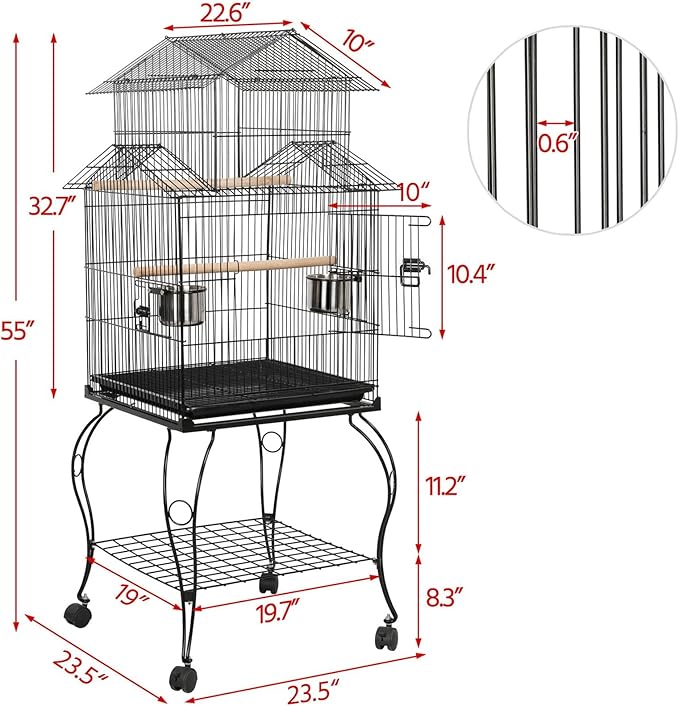 Topeakmart 55'' Triple Roof Top Large Medium Parrot Bird Cage for Cockatiel Conure Green Cheek Parakeet Caique with Removable Stand