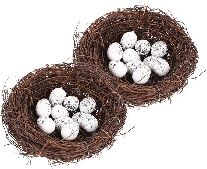 Toddmomy Artificial Bird Nest with Eggs for Easter Decor, 15cm Hand-Woven Rattan Birds Nests for Crafts, Natural Looking Faux Birdhouse Figurine for Outdoor Garden Party Tabletop Ornament
