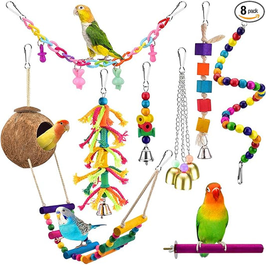 KATUMO Bird Toys, Parrot Swing Parakeet Ladder Conure Wood Perch Bird Chew Toys Cockatiel Hanging Bell Toys for Parakeet, Conure, Cockatiel, Mynah, Love Birds, Finch, Small Pet Birds